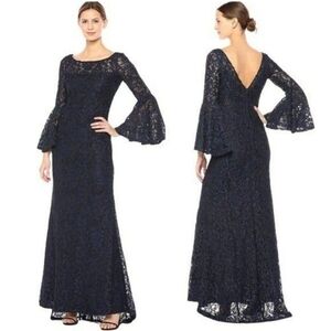 Calvin Klein Navy Blue Glitter Lace Bell Sleeve Maxi Dress Gown Size 8